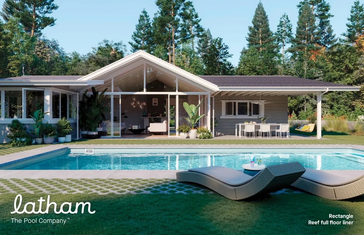 Latham manufacturer image of a rectangular pool beside a modern home