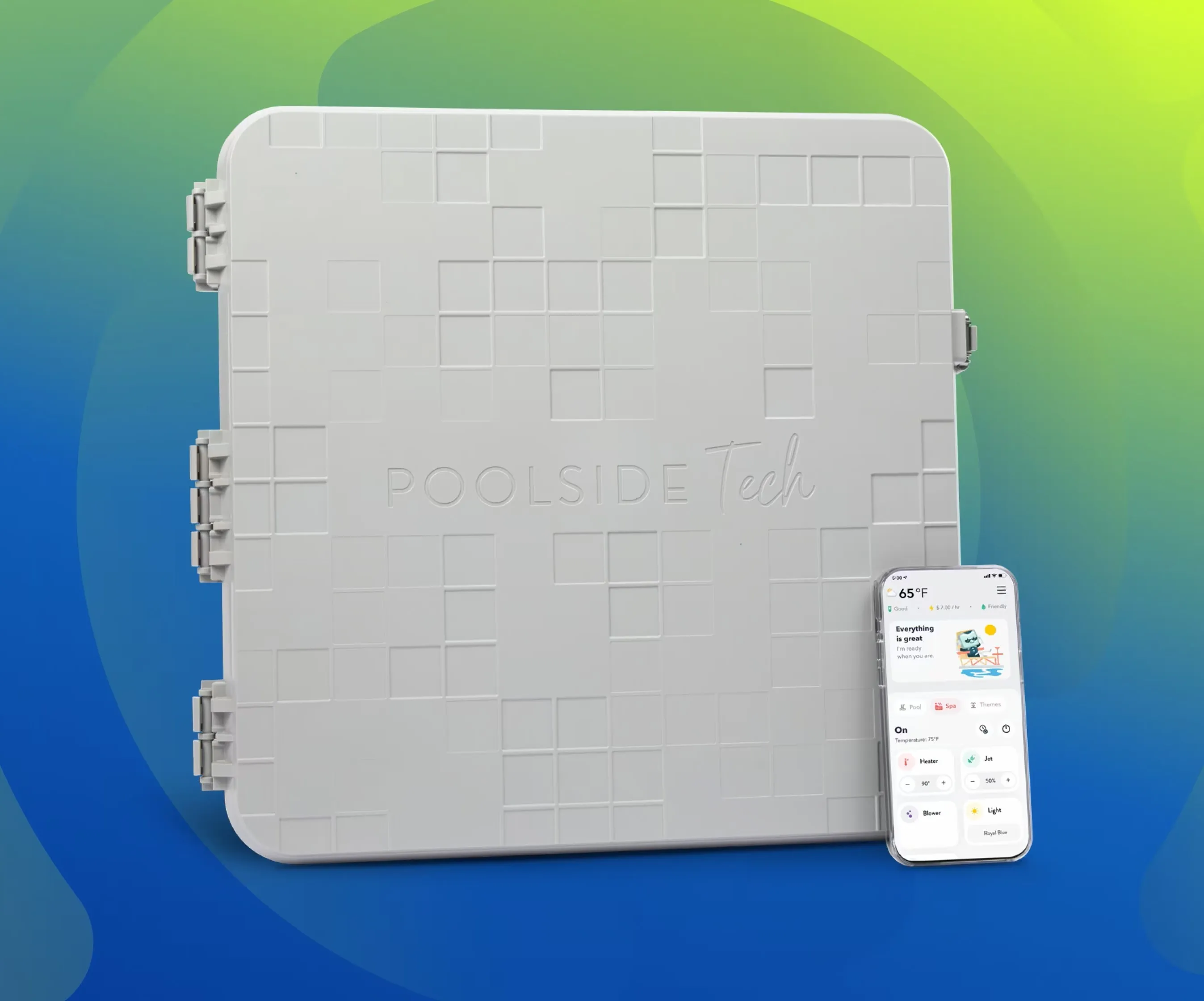 Poolside Tech automation controller with a phone displaying the pool control app